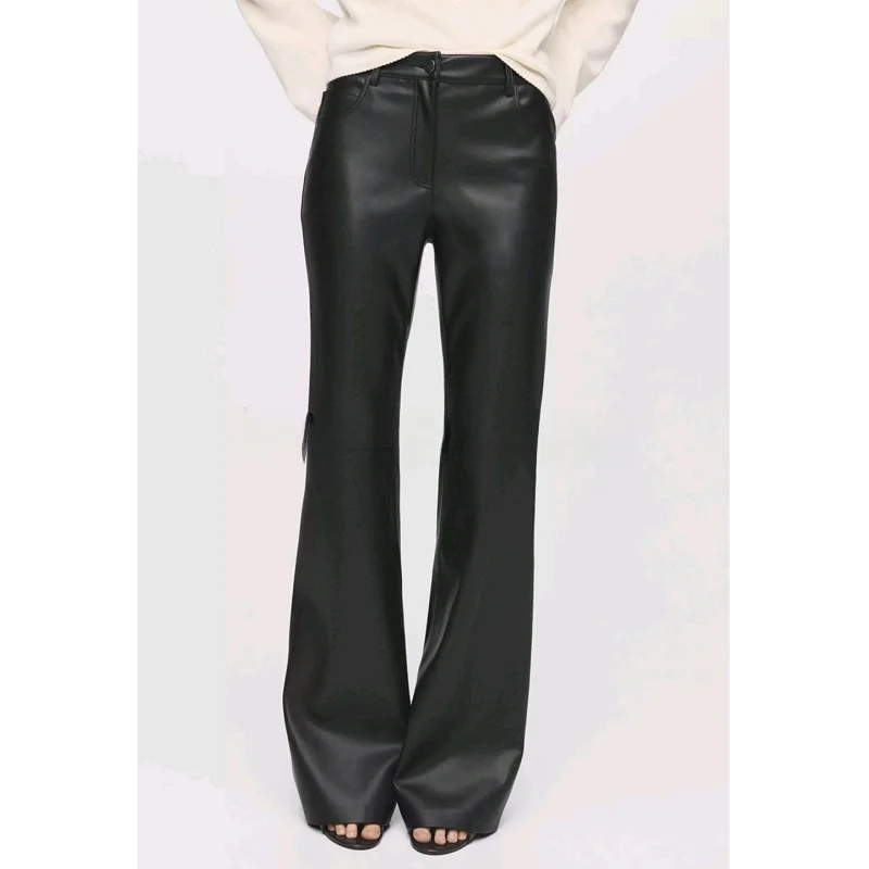 Automne Faion femmes en cuir PU ceinturé évasé jambe allongeant Sexy minceur décontracté en cuir pantalon Long pantalon en Fiber de Polyester