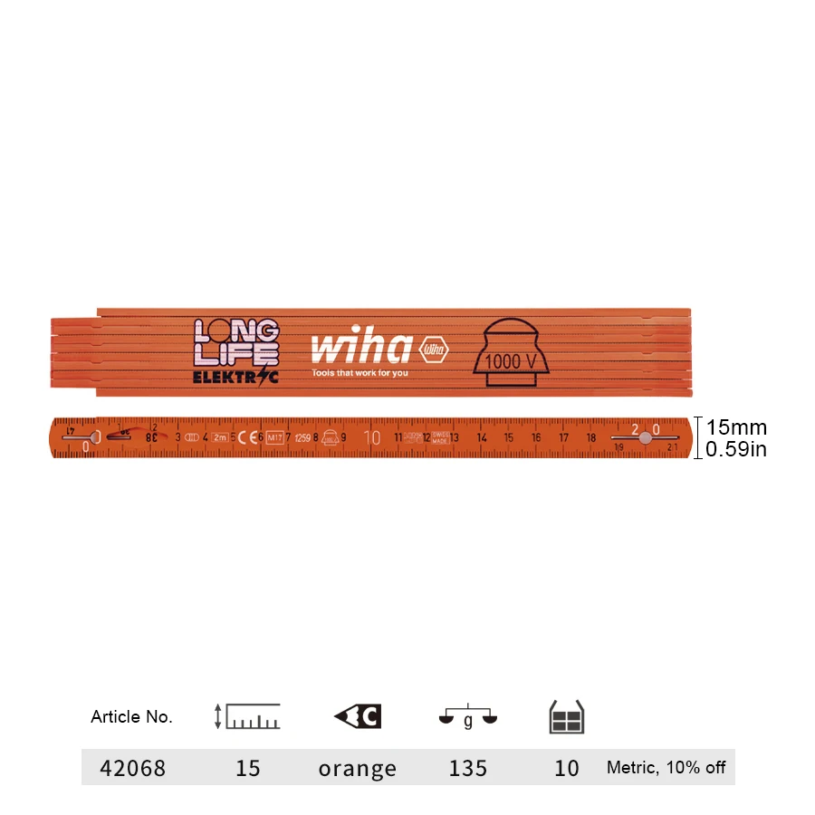 WIHA 42068 2M Insulated Electrician's Folding Ruler 1000V VDE 10 Segment High-Quality Measuring Hand Tools