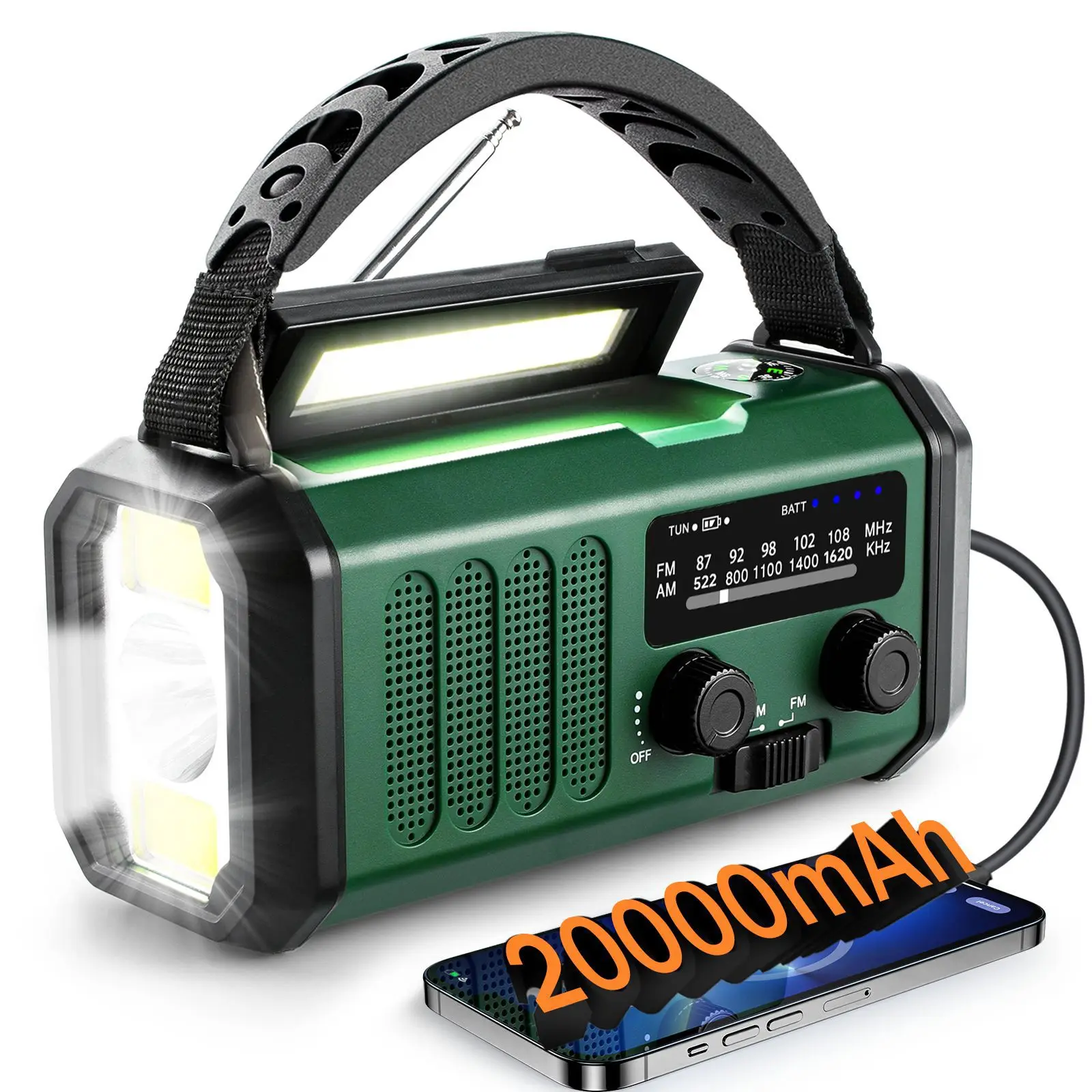Radio d'urgence avec manivelle et lampe torche LED solaire, batterie externe, lampe de travail pour le camping, lampe de lecture, alarme, boussole