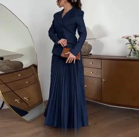

Two Piece Set Women Outfit 2026 New Spring Autumn Notched Collar Long Sleeved Blazer Coat & High Waist Pleated Long Skirt Set