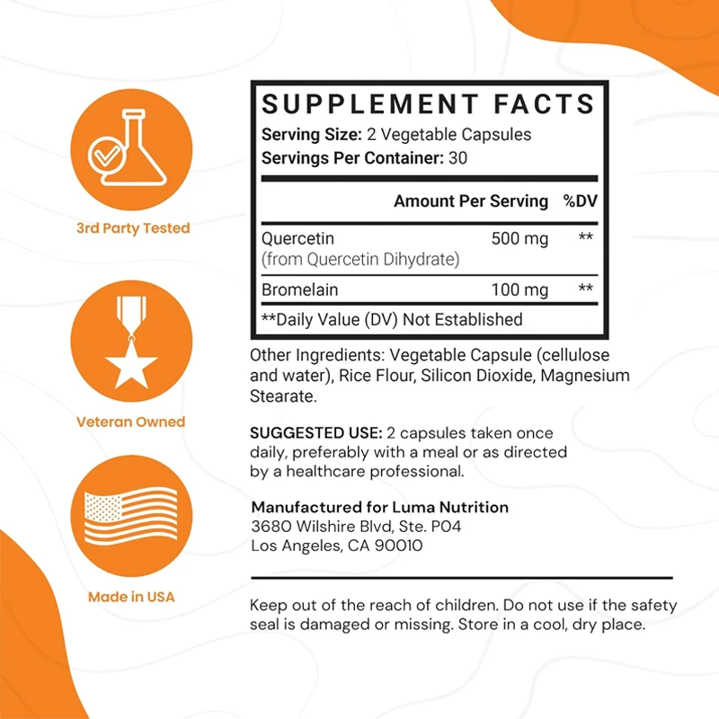 Quercetin 500 mg contiene bromelina de alta calidad, antioxidante de alta absorción, apoyo inmunológico y salud 60 cápsulas