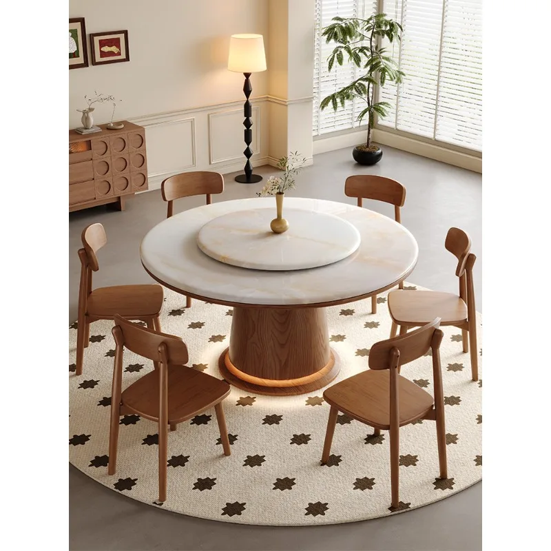 

Marble round table Chinese antique round dining table and chairs Villa hotel restaurant box Light luxury household