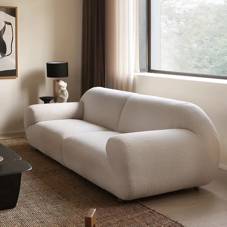 Nordic Wabi-sandy Wind Lamb Wool Fabric Sofa Cream Wind Living Room Small Apartment Bed And Breakfast Three-person Sofa