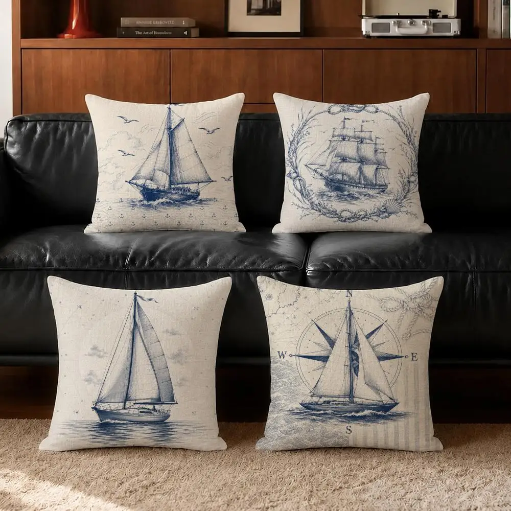 Pattern Sailing Sailboat Cushion Cover Cushion Covers Natural Linen Breathable Sofa Bedroom Decor Pillowcase