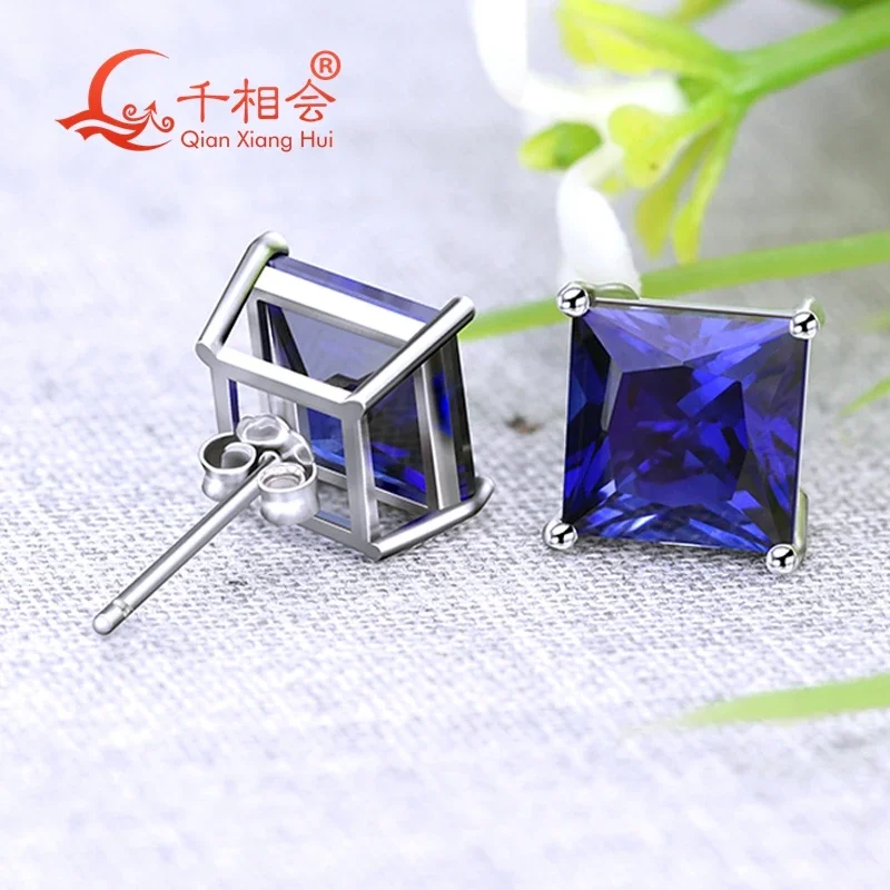 925 silver corundum red or blue color square shape  8mm single lab created ruby sappihre stone ear stud  Earing  jewerly gift