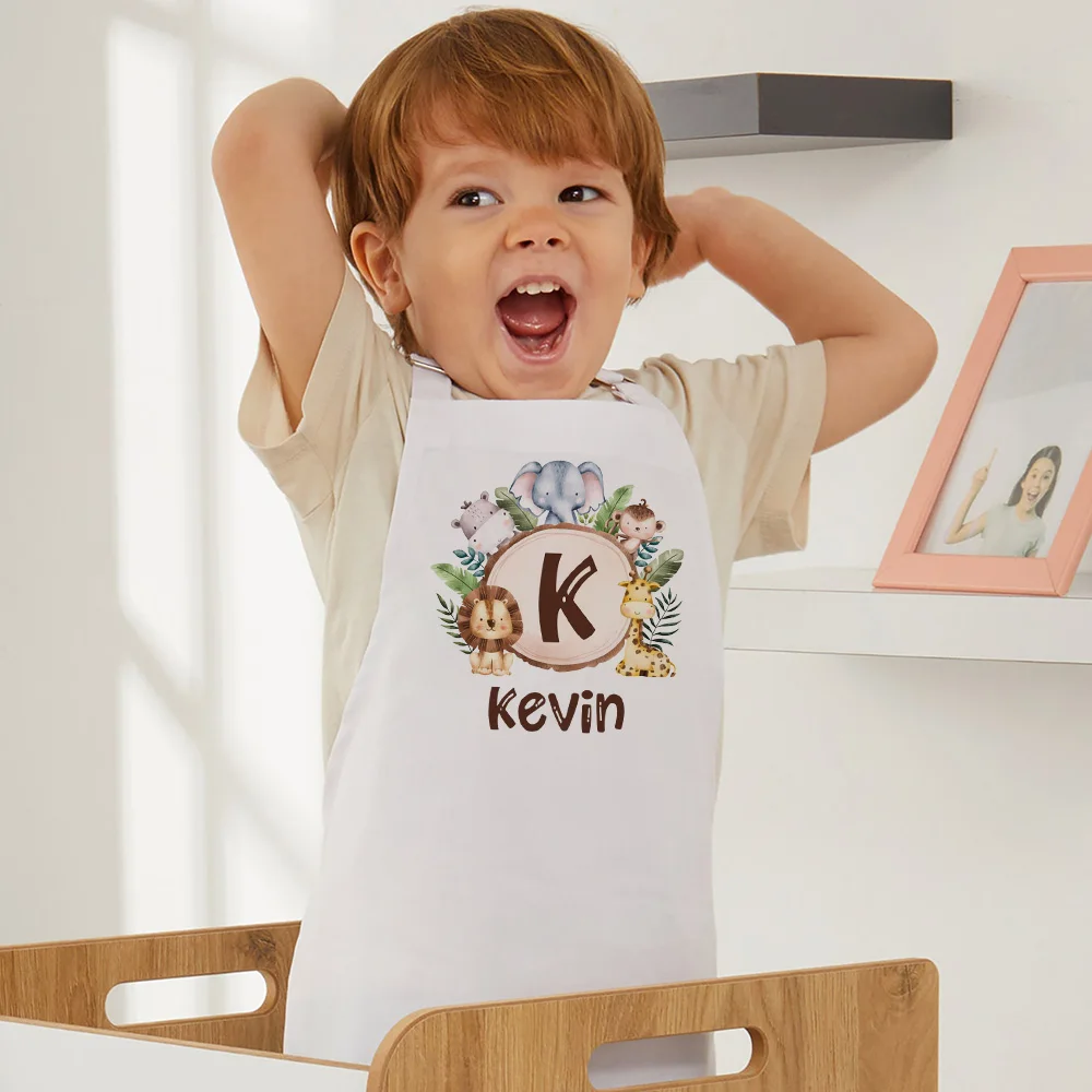 Personalized Kids Apron Cooking Kitchen Apron Safari Animals Initial and Name  Apron for Children Girls Boys Cooking Apron Gift