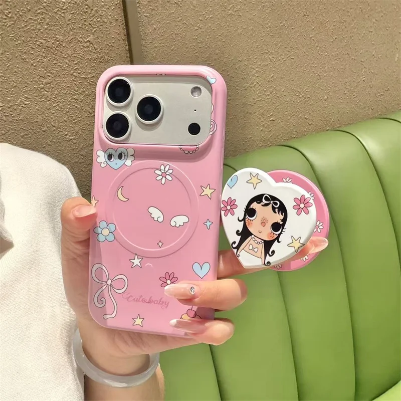 

Cute Girl For MagSafe Phone Case for iPhone 15 16 17 Pro Max Pink Shockproof Protective Cover Aesthetic Heart Grip Stand