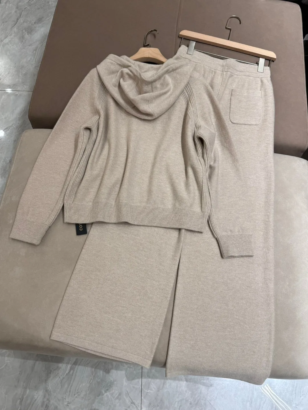 Autumn Women\'s 100% Cashmere Pants Suit Long Sleeve Knitted Hooded Zip-up Cardigan Jacket + Elastic Waist Trousers 2 Piece Set