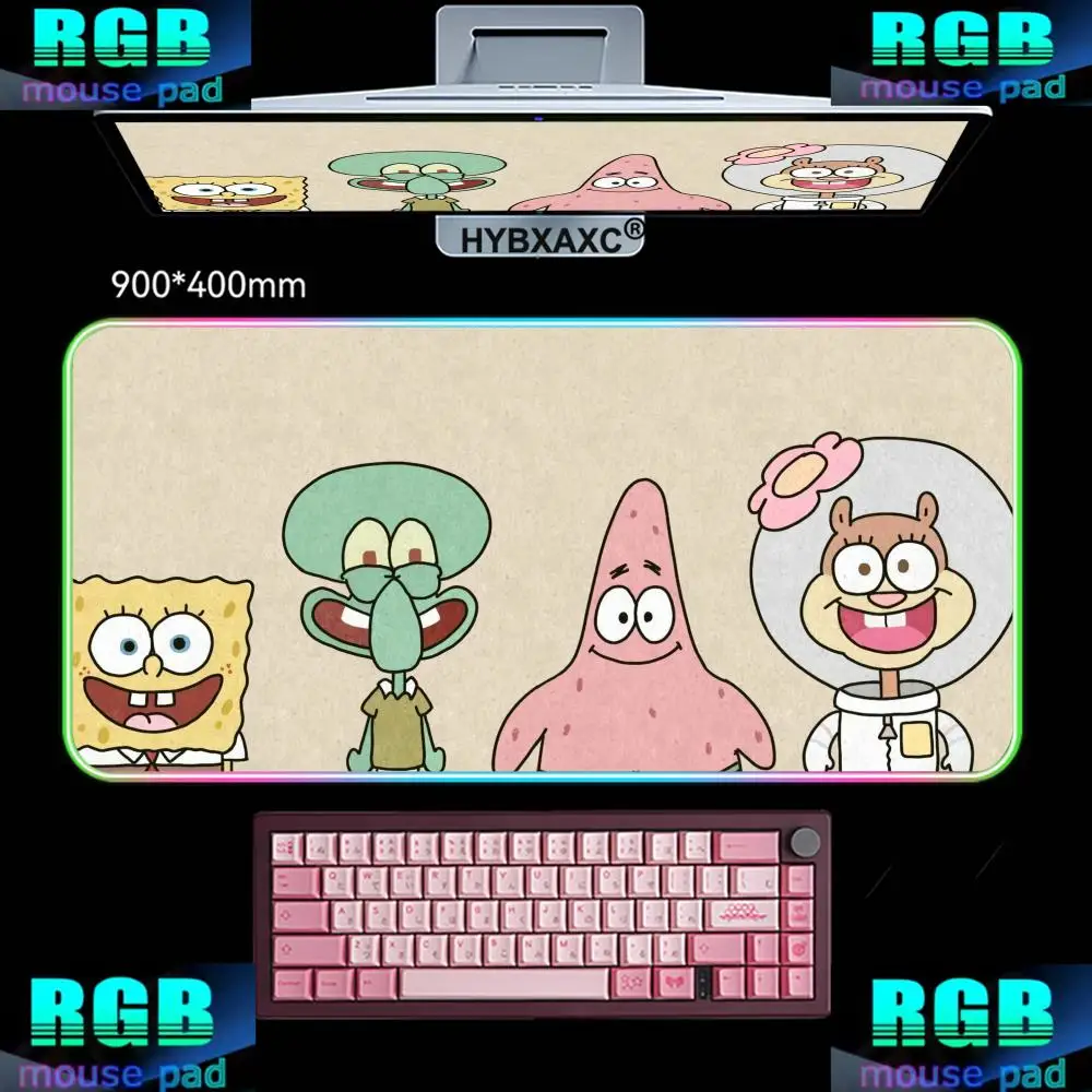 90X40 HYBXAXC Mouse Pad Desk Mat HD Gamer Large LED Light XXL New Wacky SpongeBob SquarePants Cute Cartoon RGB Gaming Mouse Pad