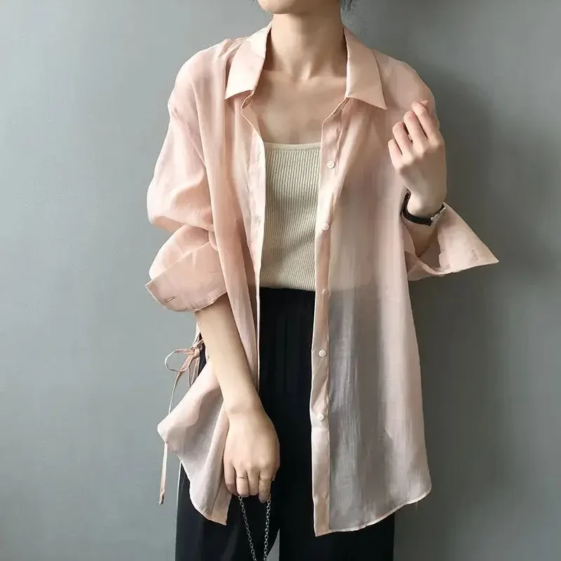 Cardigan con protezione solare in seta di ghiaccio Estate Nuovo top in chiffon versatile sottile allentato Protezione UV Camicia da donna a maniche lunghe in tinta unita