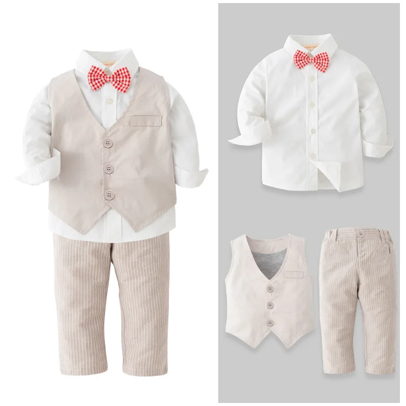 Kids Suits for Boys Formal Wear Outfit Baby Blazer Long Sleeve Shirt+Pants+Red Bow Tie Children's Set Wedding Party Fancy Dress