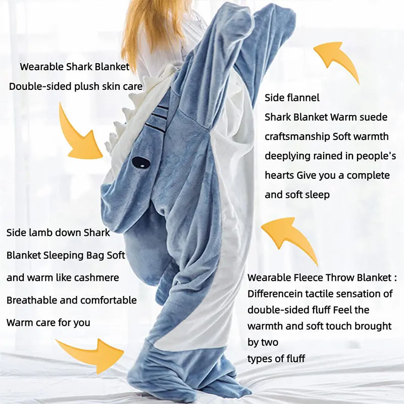 HH TRAF Winter Warm Shark Blankets Hoodie Flannel Pajamas Wearable Plush Sleeping Bag For Children Adult Cozy Shark Pajamas