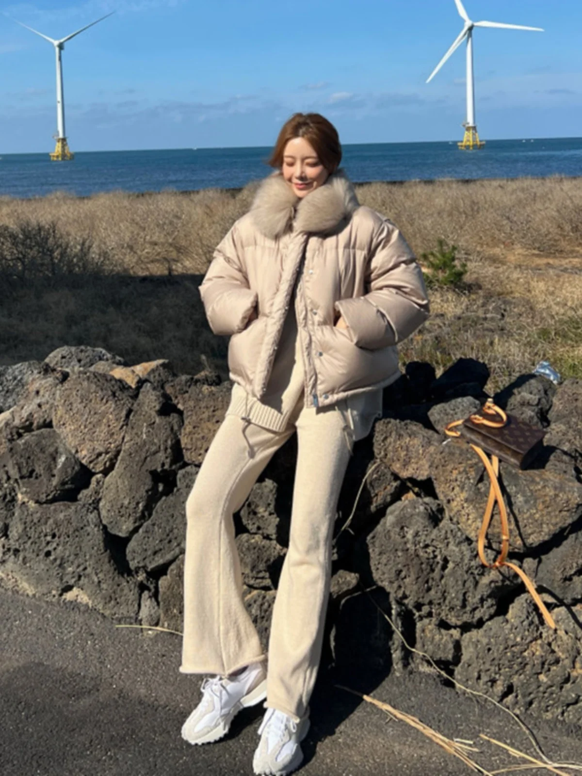 Winter Ort Down Jaet Damen 90er Weißer Du-Down-Echtpelzkragen, verdickte warme, lässige, lockere Oberbekleidung