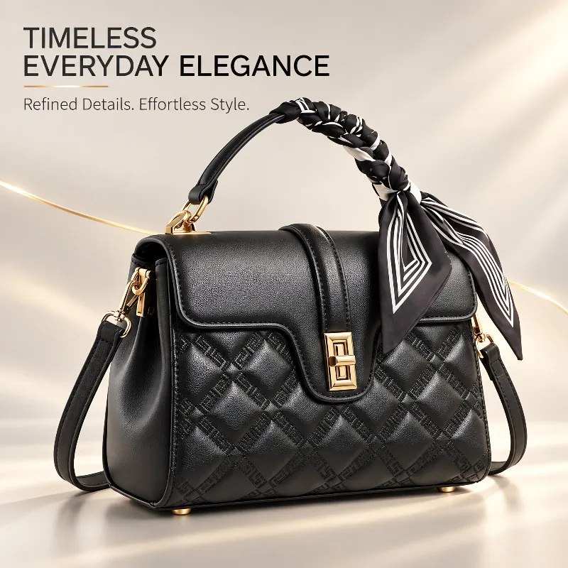 Women Quilted Handbag With Silk Scarf Decor Top Handle Satchel Purse Elegant Flap Crossbody Shoulder Bag For Daily Use