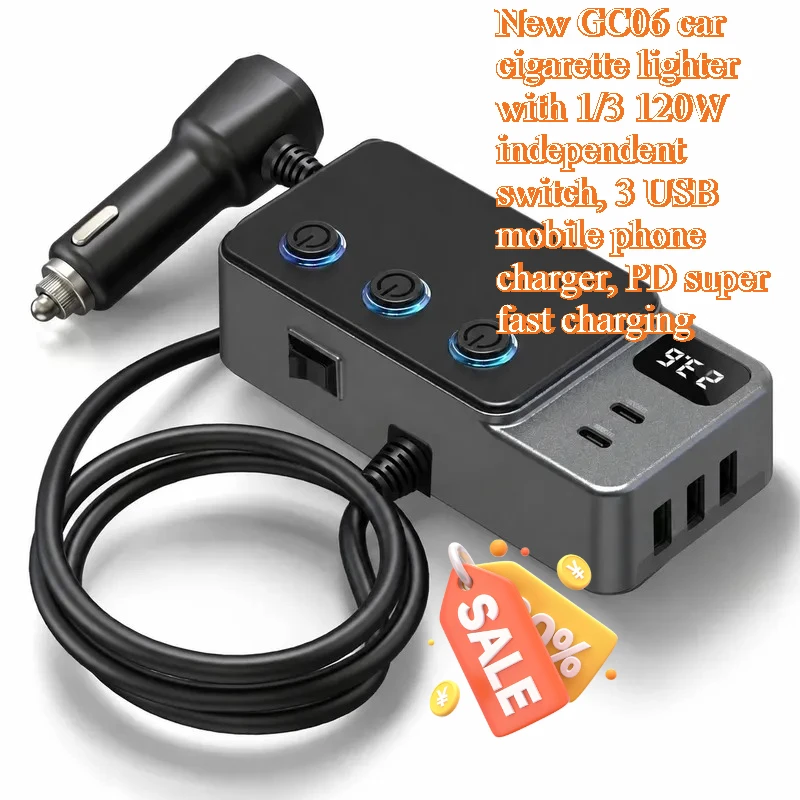 for GC06 Car Cigarette Lighter 120W Independent Switch 3 USB Mobile Phone Charger PD Super Fast Charging