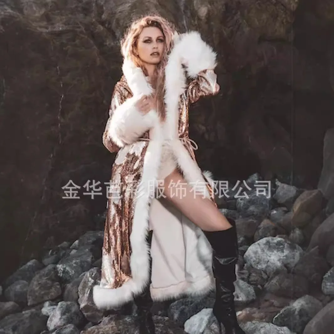 المرأة فو الفراء معطف جاكت مزود بغطاء للرأس أزياء الهالوين التأثيرية سترة LED الترتر شتاء دافئ رقيق تضيء معطف الحفلات