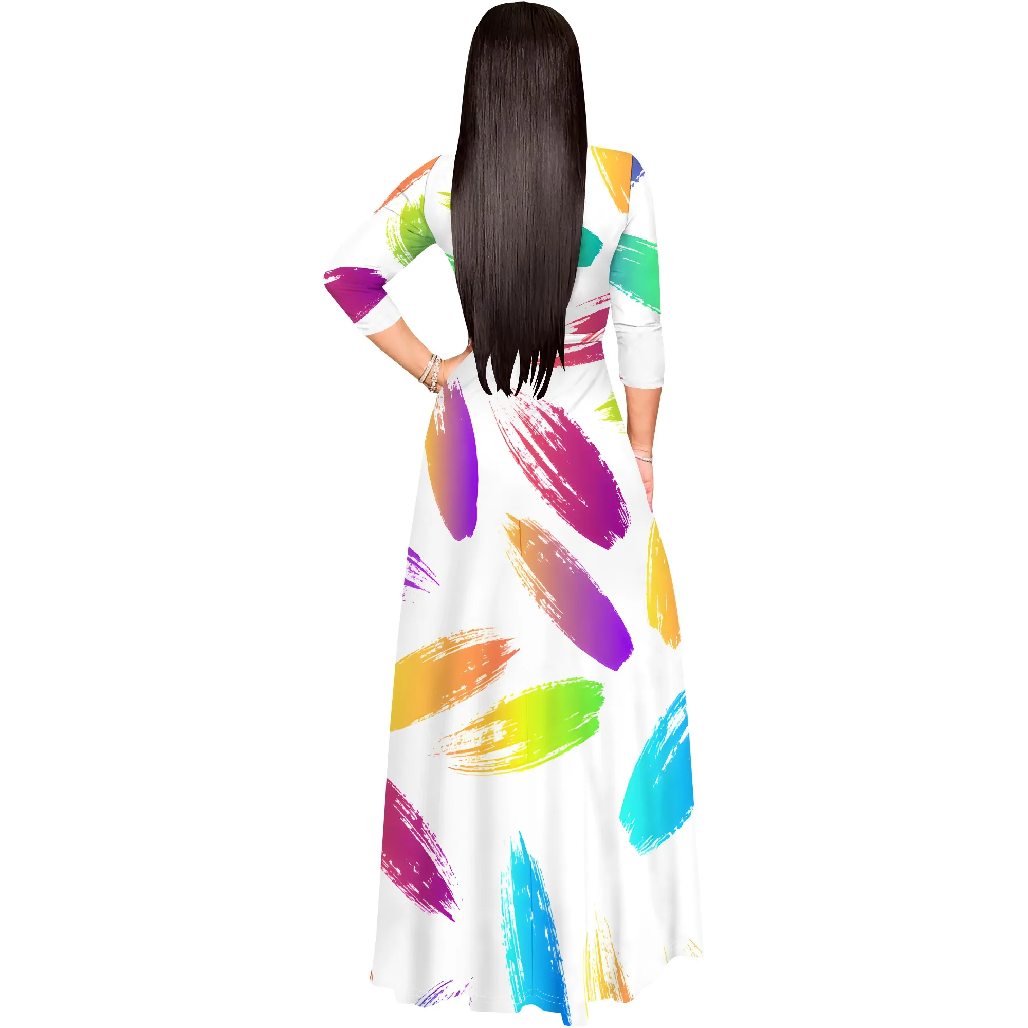 Women's Summer Fashion Printed 3/4 Sleeve Maxi Dress for Women Short Sleeve Long Loose Casual Dresses
