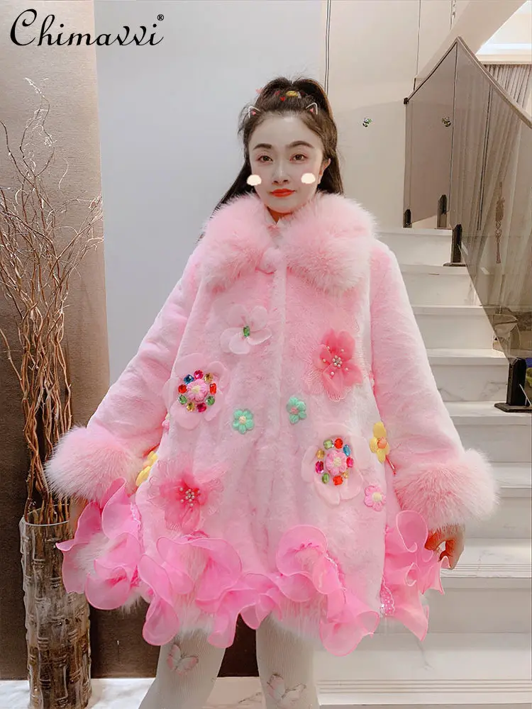 

High-End Winter New Korean Fashion Sweet Heavy 3D Flower Coat Women with Ruffled Edges Thickened and Warm Faux Fox Fur Coat