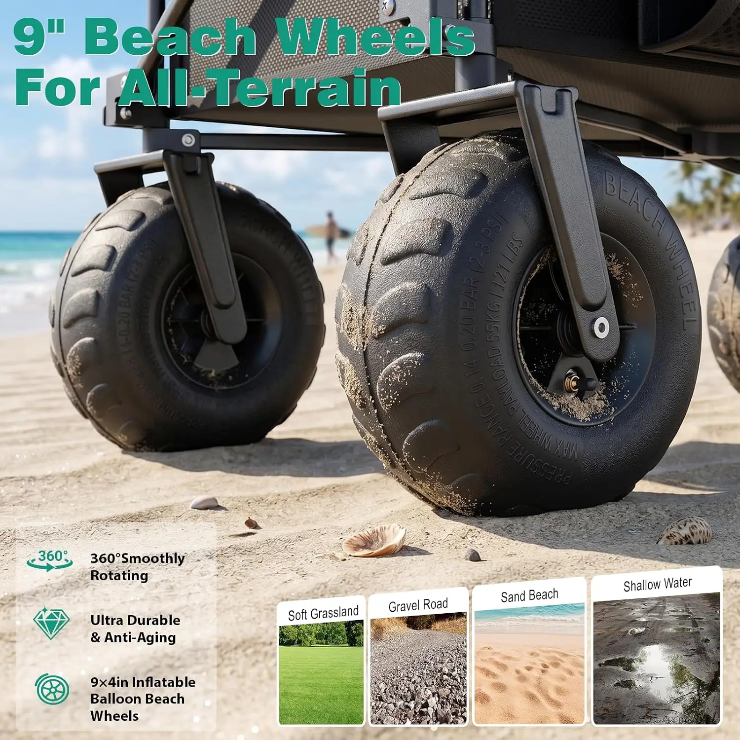 Beach Wagon with Big Wheels for Sand - 300L Large Capacity | 550LBS Heavy Duty Beach Cart with 9