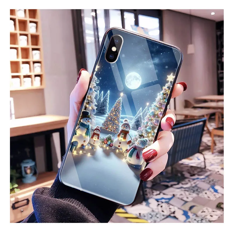 Glass phone case For iPhone 17 Pro Max Air 17 16 15 14 13 Pro Max 15 16 Pro 15Plus Christmas Snowman