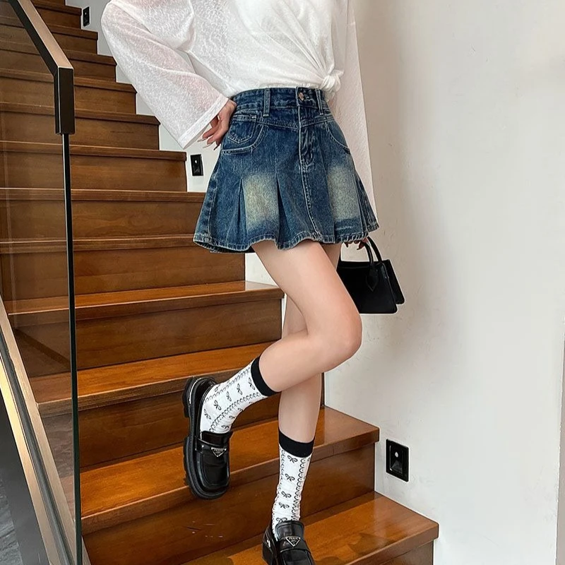 

Женская джинсовая мини-юбка А-силуэта с высокой талией, плиссированная, с подкладкой, утягивающая, летняя, модная, короткая, новинка