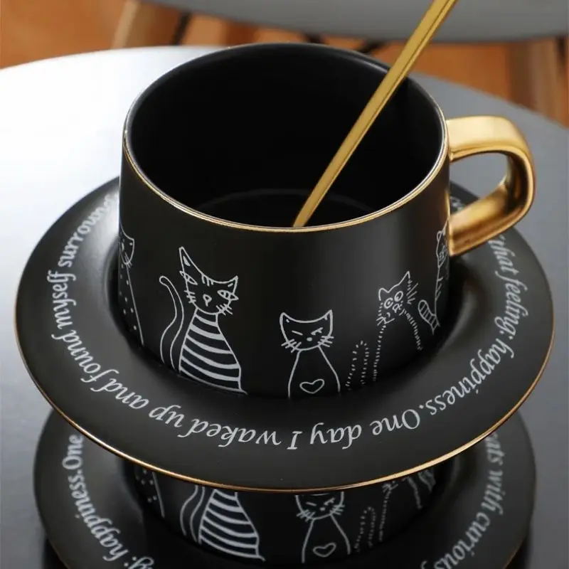 Creative Cat Coffee Cup Set Ceramic Cup With Dish Milk Water Mug Breakfast Mugs Office hand-brewed coffee cup Drinkware