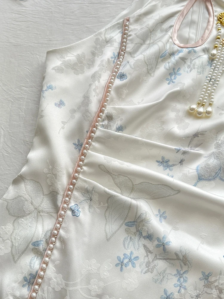 Vintage Pearl Decorated Women's Sleeveless Cheongsam Mini Dress Chinese Traditional Print Halter Neck Side Slit Qipao Dress