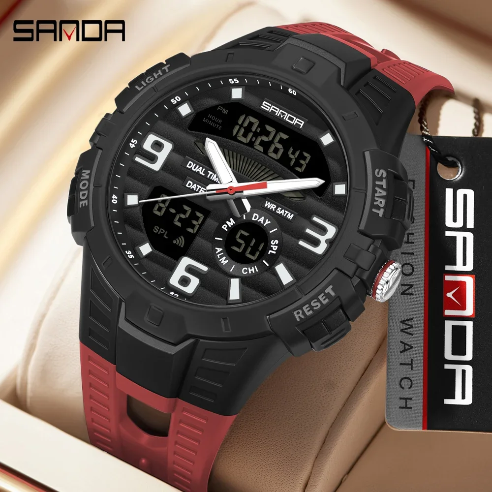 SANDA Men's Dual‑Time Quartz Digital Wristwatch LED Luminous with Week & Date Display Sport Military Style Daily Watch for Men