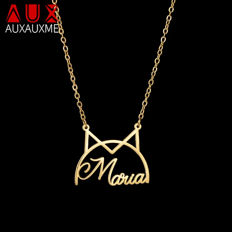 

Auxauxme Fashion Cat Ear Name Necklace Customized Stainless Steel Cute Dog Cat Pet Paw Choker For Women Kids Jewelry Gifts