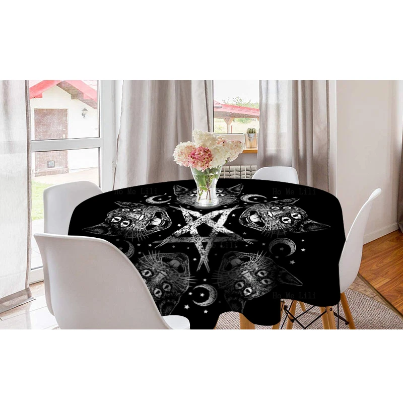 Spirit Weird Cat Witch Pentagram Satanic Death Black Metal Band Exorcist Round Tablecloth By Ho Me Lili For Tabletop Decor