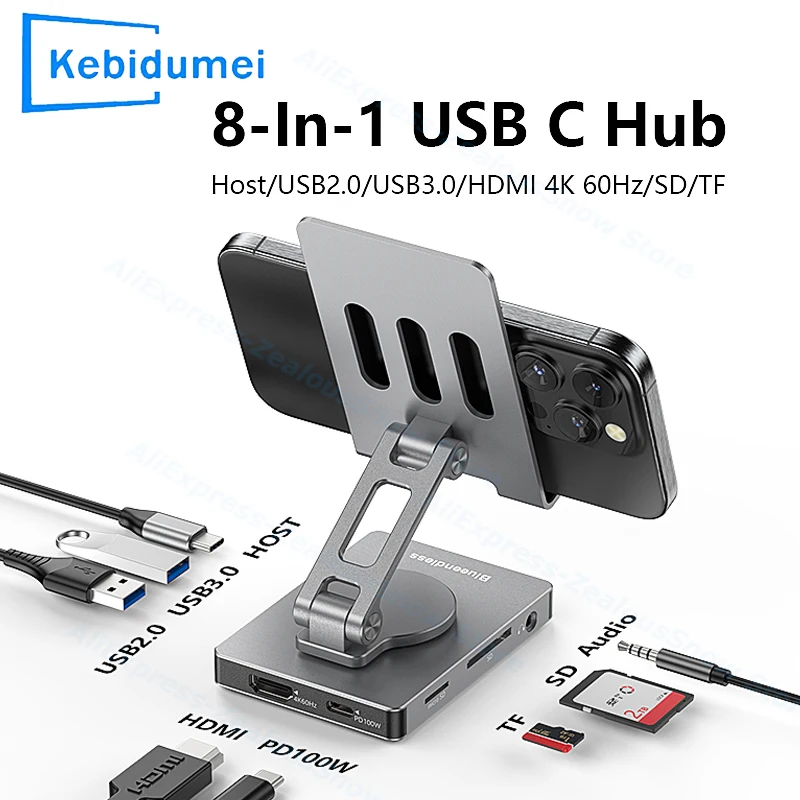 

USB-концентратор C, держатель для мобильного телефона, многопортовая подставка, 8 портов, USB3.0, 4K HDTV, адаптер PD, передача данных, база для быстрой зарядки, док-станция