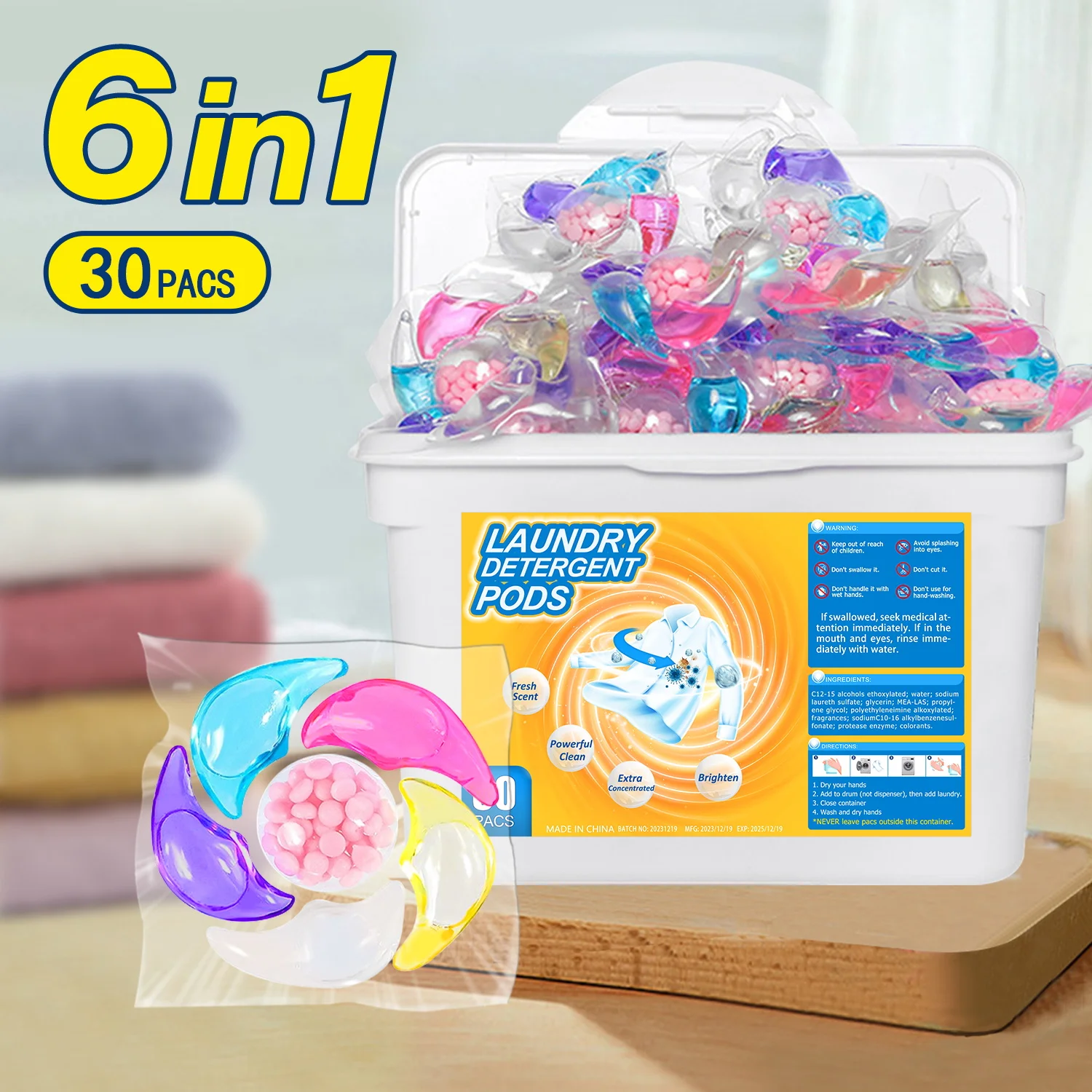 30PCS 6-in-1 Laundry Beads,Concentrated Laundry Gel Beads, Clothing Cleaner Detergent,Long-Lasting Fragrance Laundry Detergent