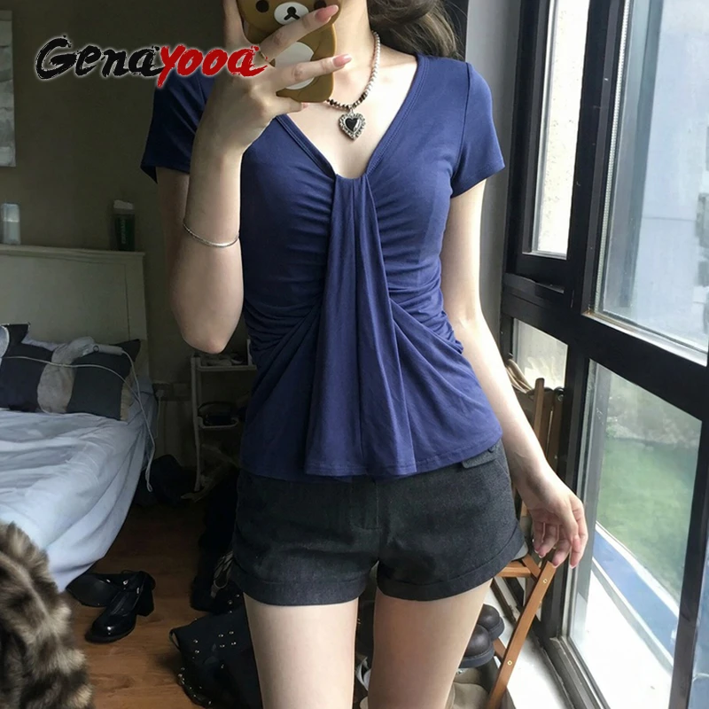Genayooa Y2k Fairycore T-shirt Women Short Sleeve Slim Folds Tee Tops Japanese 2000s Vintage Tops E-girls Sexy Tshirts Summer