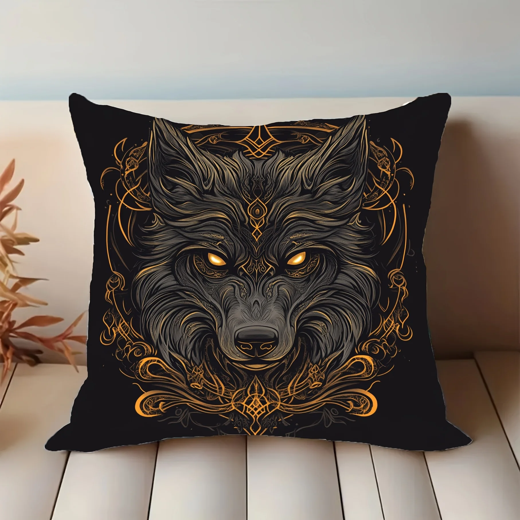 Golden Ornate Wolf Head Throw Pillow Cover Black Background Nordic Viking Tribal Art Cushion Case Home Decor Pillowcase