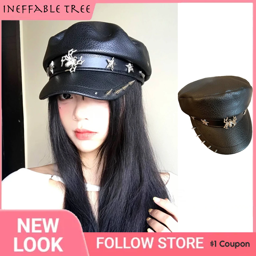 Y2K Star Spider PU Leather Women Beret Punk Style Gothic Vintage Flat Top Military Caps Outdoor Casual Flat Top Newsboy Army Cap