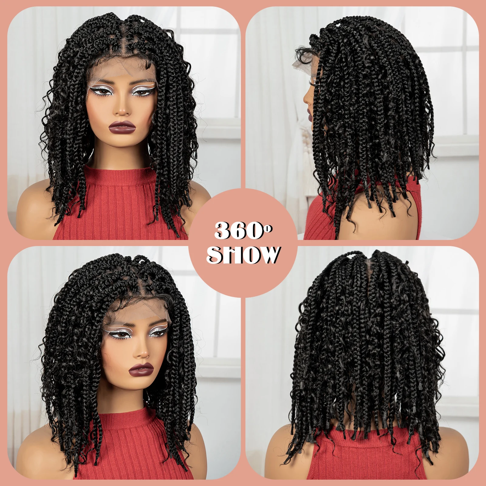 Knotless صندوق شعر مستعار مضفر 14 بوصة الاصطناعية الدانتيل الكامل الطبيعي مضفر الدانتيل الباروكات قصيرة بوهو مضفر بوب الباروكات للنساء السود #5