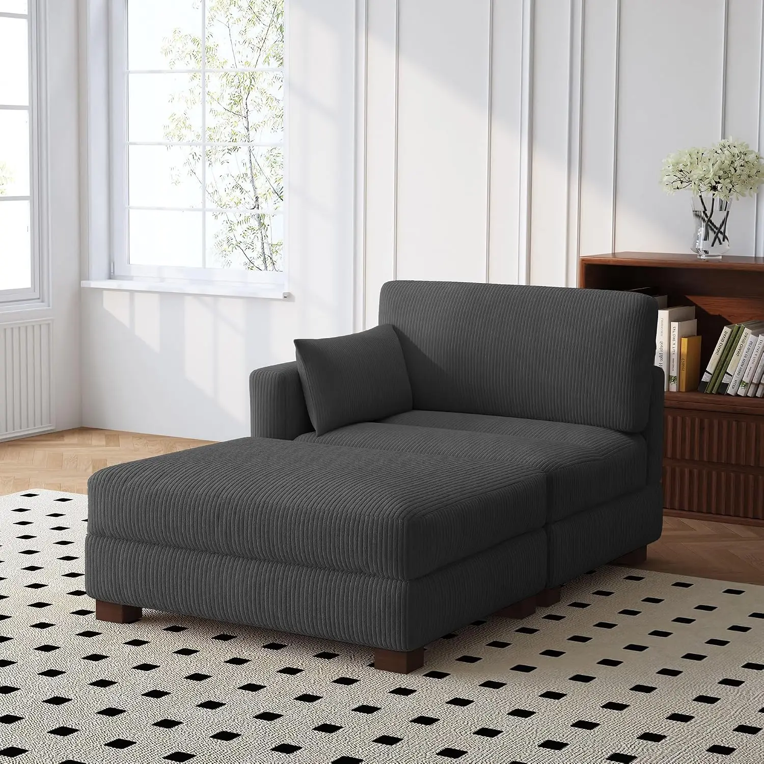 Oversized Chaise Lounge with Ottoman, Right Armrest Recliner Comfy Corduroy Deep Seat Sofa for Bedroom & Living Room, Customized