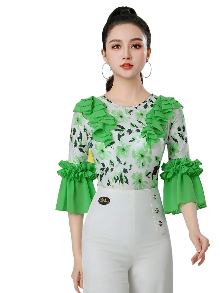 

2025 New Latin Dance Top Printed Green Edge Middle Sleeve Modern Dance Leotard Fashion Dance Clothes Waltz Dance Wear