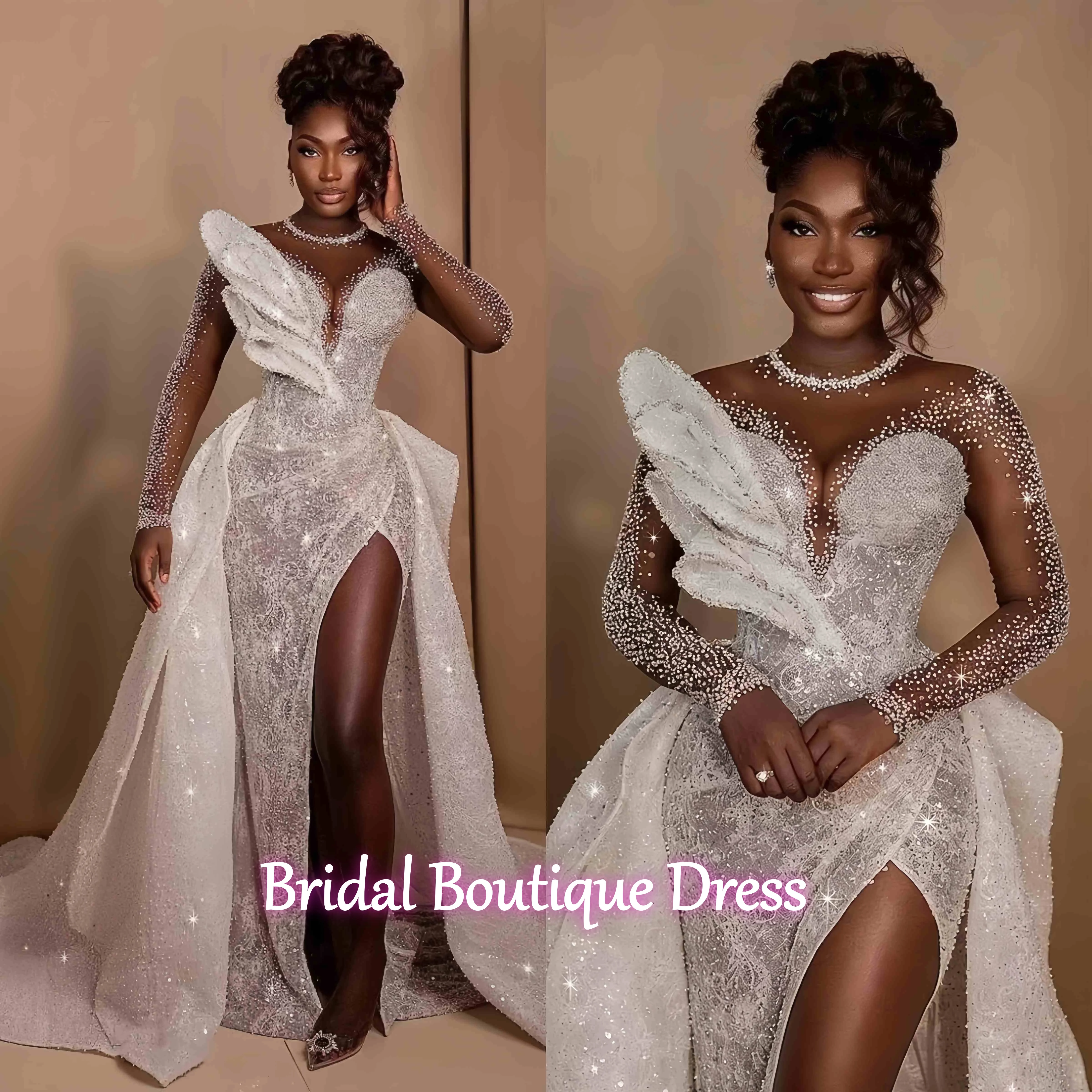 

Dubai Customized White Wedding Dress High Split Side With Detachable Train Bridal Gowns For Black Girls ASO Ebi Mermaid Robes