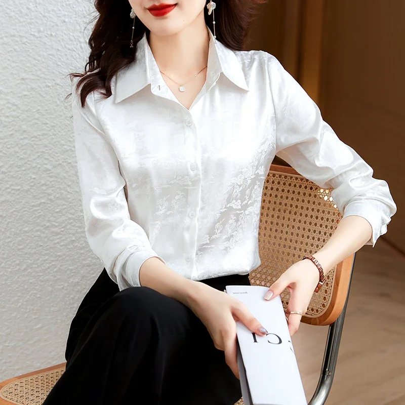 Autumn Fashion Polo-Neck Women Tops Satin Elegant Slim Women Blouse New OL Embroidered Women's Clothing Loose Long Sleeve Shirt