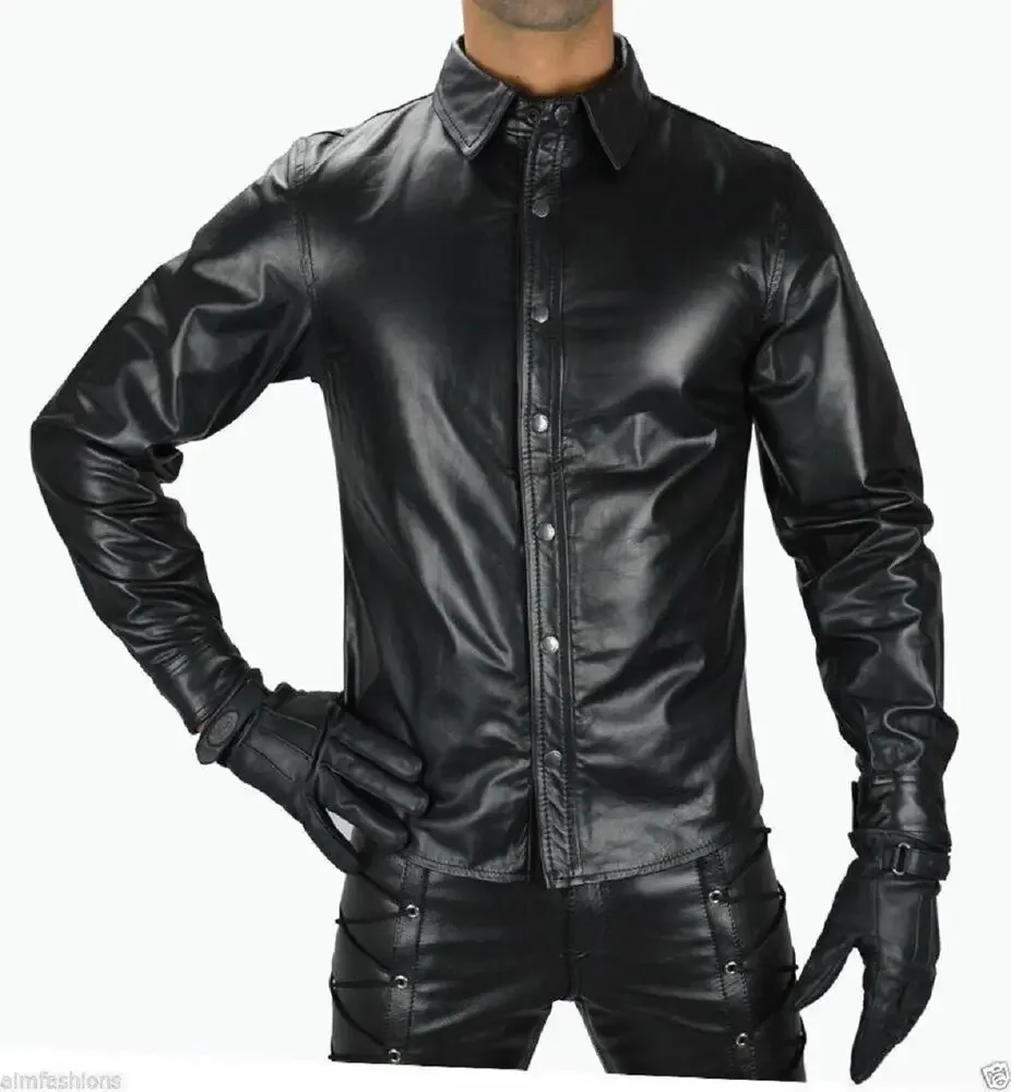 Men Black Leather Shirt Genuine Lambskin Slim Fit Stylish Biker Soft Shirt Coat