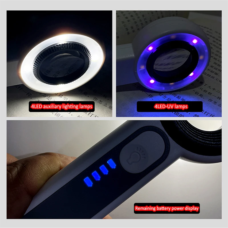 عدسة مكبرة محمولة قابلة لإعادة الشحن 60X مع إضاءة مساعدة 4Led + مصباح 4UV مكبر مضيء للقراءة/الإصلاح