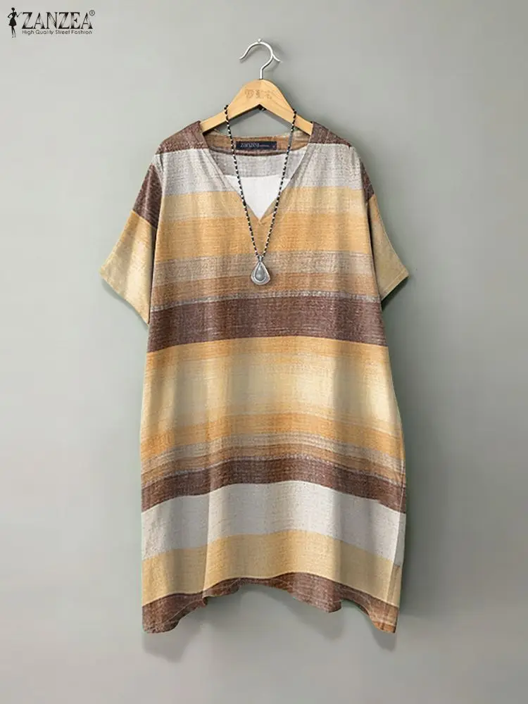 Elegante abito da donna a righe in colore a contrasto Estate 2025 Scollo a V Manica corta Allentato Casual T-shirt al ginocchio Abiti da indossare ogni giorno