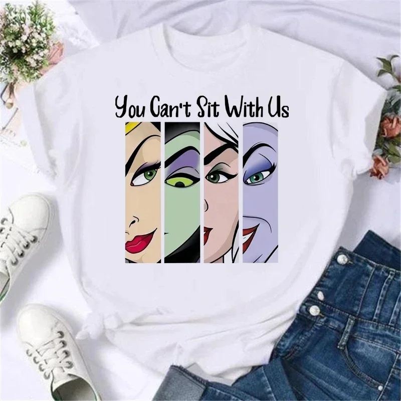 Disney Cartoon Villain T-shirt Damski złoczyńca Księżniczka T-shirt z wzorem Harajuku Odzież uliczna Białe letnie bawełniane topy