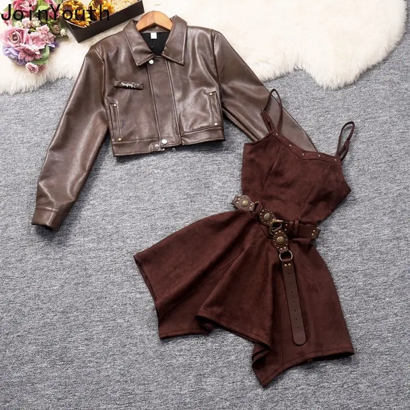 Rock Sets Temperament Zwei Stück Sets Frauen Kleidung Vintage Leder Mantel Tunika Große Schaukel Unregelmäßige Kleid Outfits Mode Anzug