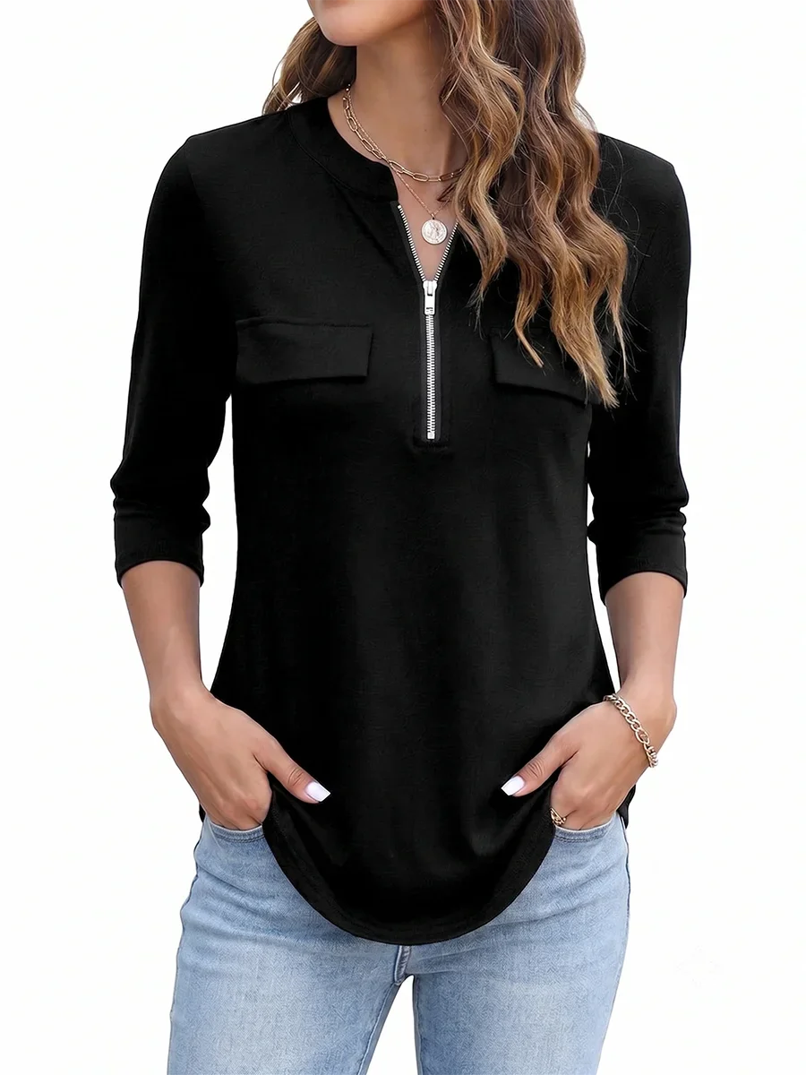 Heißer Verkauf Elegantes Damen-Oberteil mit Reißverschluss und V-Ausschnitt, Schwarzes Top, Modische 3/4-Ärmel-Bluse, Locker Sitzendes T-Shirt mit Tasche, Büro-Damenhemd – Detail 2