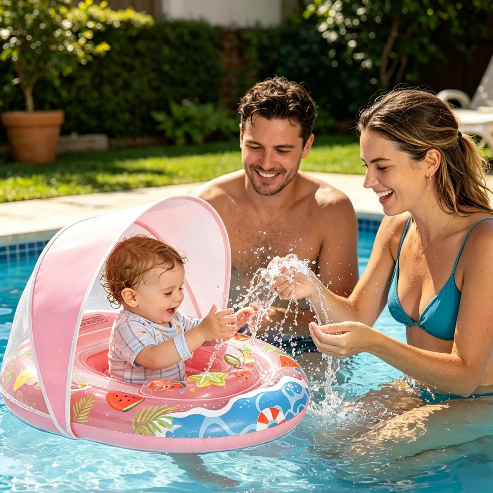 Swim Ring For Kids Anti Tip Water Raft With Canopy Pool Floats Kids For Beach Party Summer Lake River Outdoor Boys Girls Aged