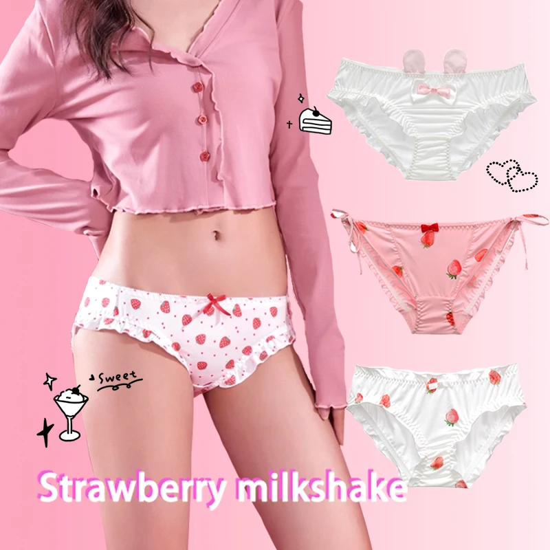 Cute Kawaii Strawberry Milkshake Girl Panties Ladies Briefs Women Underwear Pink Bear Bow-Tied Tanga Pure Cotton Comfort Student