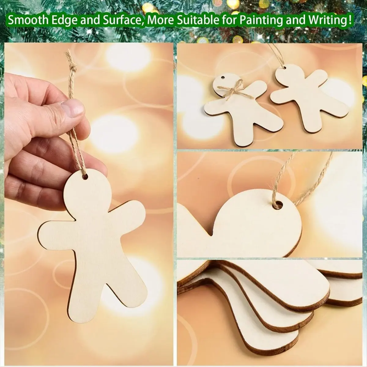 【ABFS】50PCS Unfinished Wood Gingerbread Man Ornaments Cutouts Blank Wood Gingerbread Men Hanging Decor with Twine
