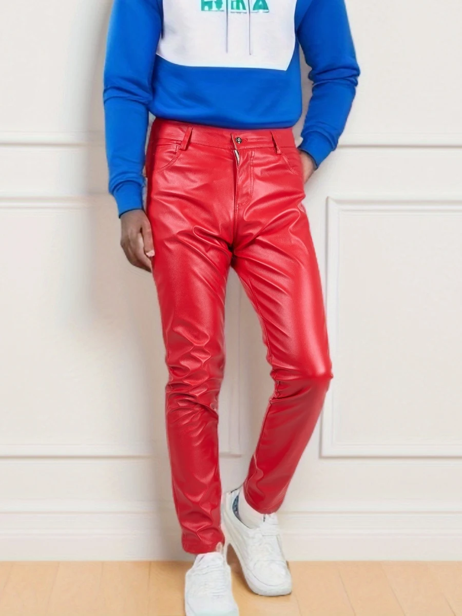 

Spring and summer lightweight men's gemstone red leather pants, youthful and energetic party men's pants